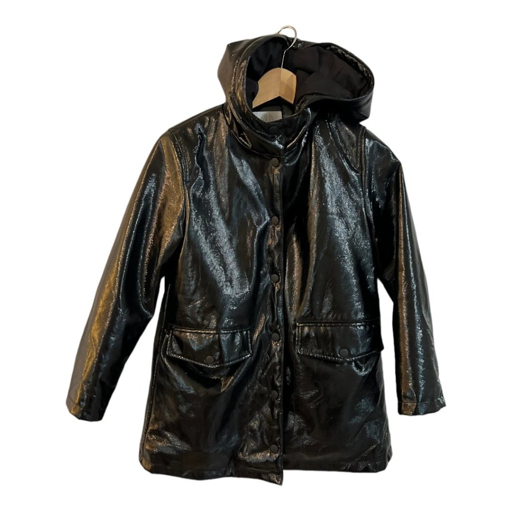 Zara Girls Coat Shiny Warm, Rain Hooded Black Size 10 Snap Closure